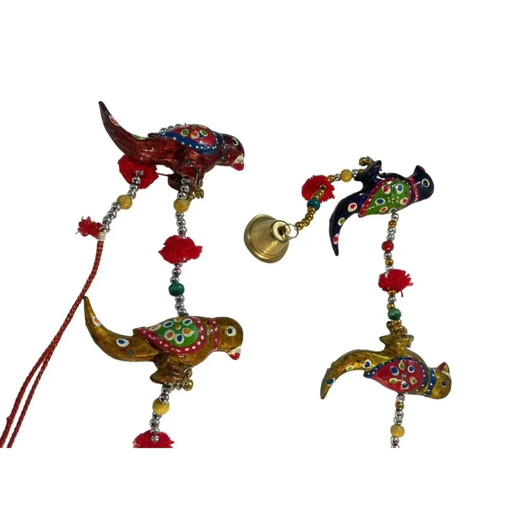 VTG Enameled Birds With Bells Beaded Christmas Garland 2‎ Strands MCM Colorful